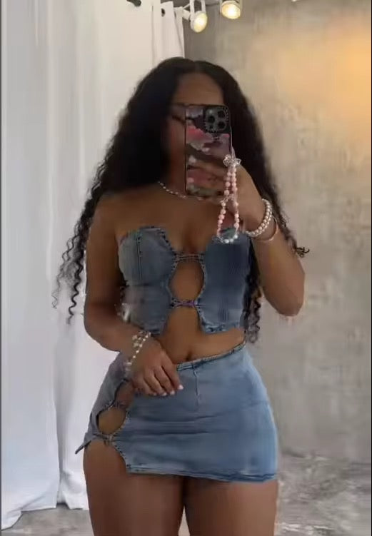 “Tied Up in Denim” Cut-Out Skirt Set